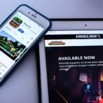 An iPhone displaying the Minecraft App Store page alongside an iPad showing Minecraft Dungeons, ideal for cool free games for iphone and iOS gaming downloads