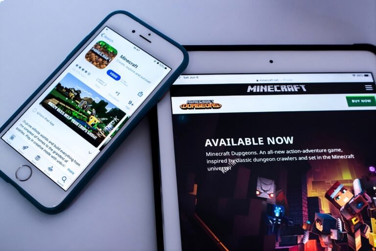 An iPhone displaying the Minecraft App Store page alongside an iPad showing Minecraft Dungeons, ideal for cool free games for iphone and iOS gaming downloads