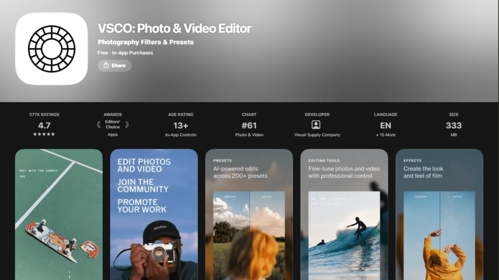 VSCO App Store preview page showing presets and features of popular apps for editing photos