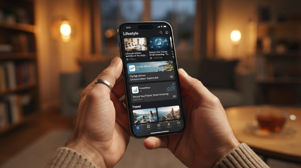 Mobile user interacting with an ad-supported free app on a smartphone
