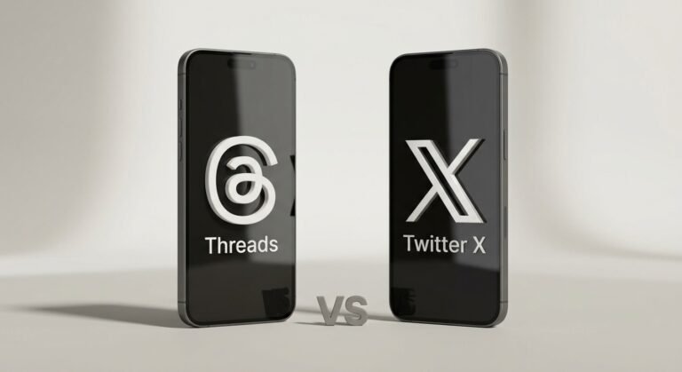 3D render of Threads app vs twitter comparison logos side by side on smartphone screens