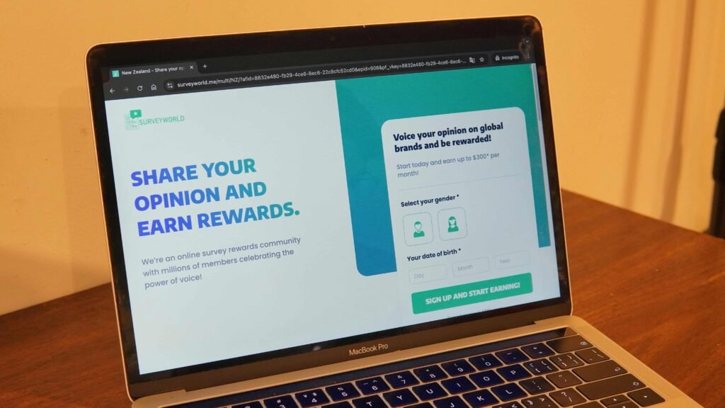 MacBook Pro showing a survey rewards platform as easy ways to make money online
