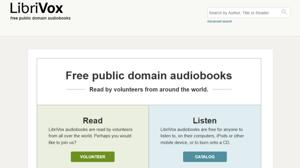 LibriVox free public domain audiobooks homepage with read and listen options