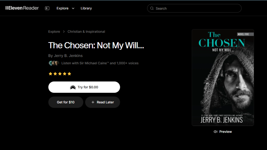 ElevenReader app interface displaying book page for The Chosen Not My Will by Jerry B Jenkins