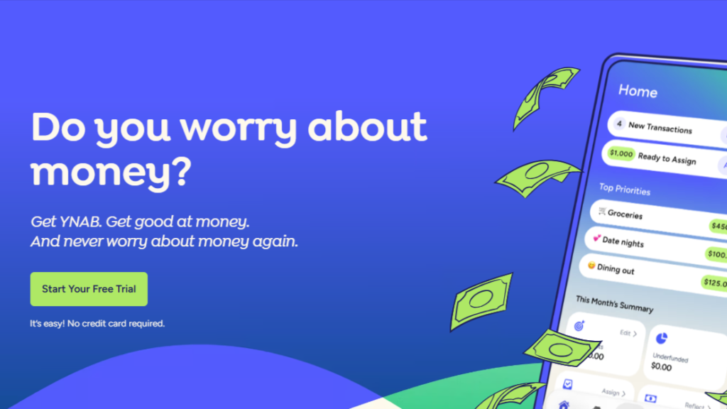Screenshot of the YNAB homepage showcasing expense tracking categories as one of the best budgeting apps for couples