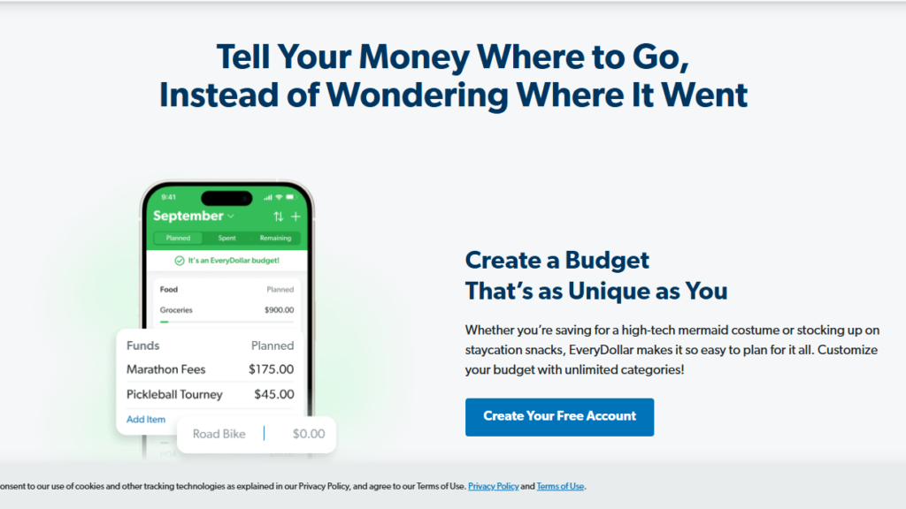Screenshot of the EveryDollar homepage showing custom budget categories as one of the best budgeting apps for couples