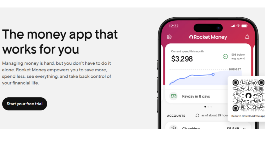 Screenshot of the Rocket Money homepage and mobile view as one of the best budgeting apps for couples