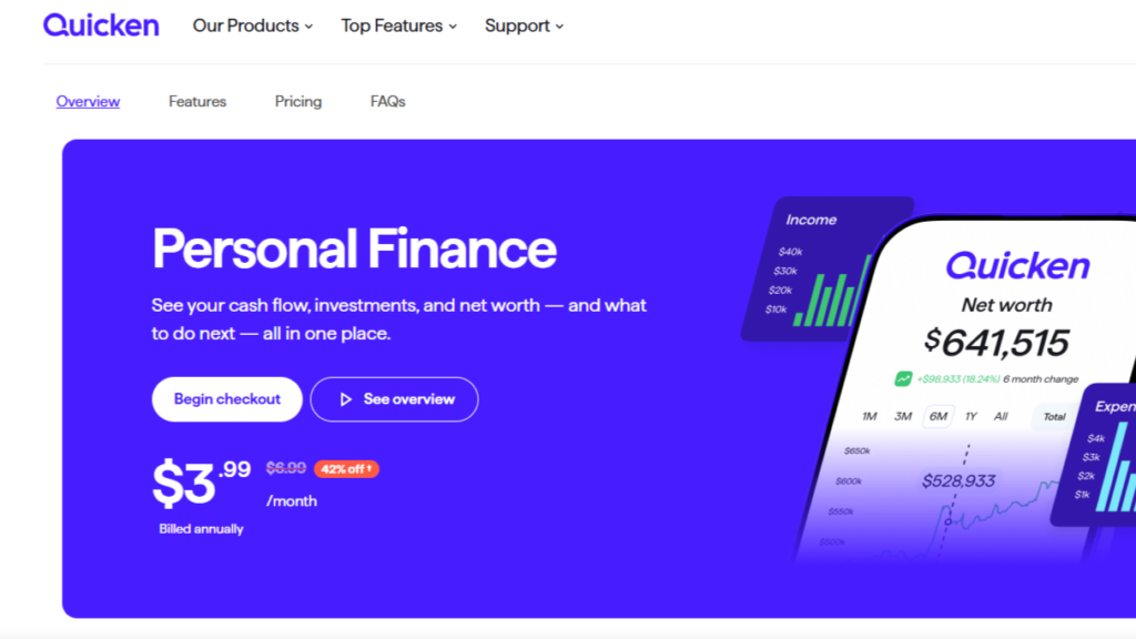 Screenshot of the Quicken Simplifi homepage showing net worth tracking as one of the best budgeting apps for couples