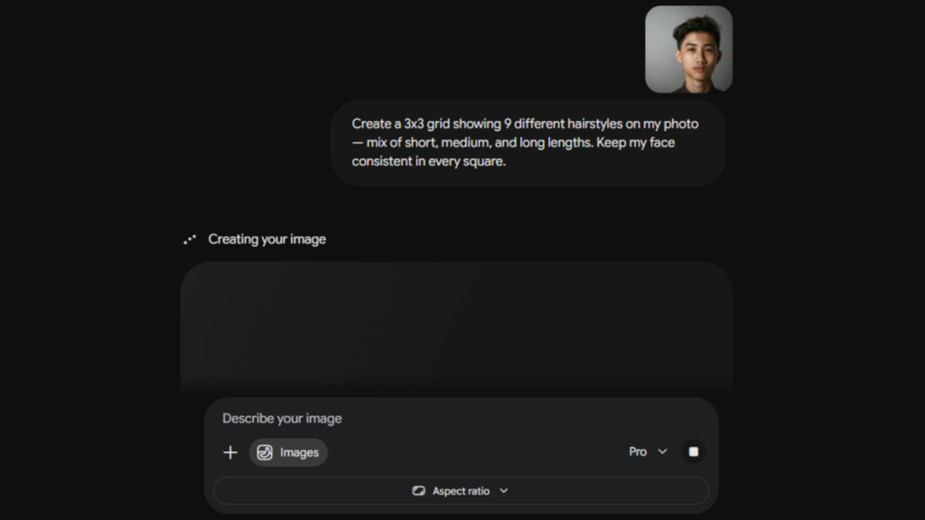 Gemini AI hairstyle prompt in the Gemini app — 3x3 grid hairstyle request typed with Pro model selected, image generating