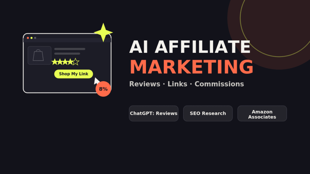 AI Affiliate Marketing banner showing product reviews, shop link button, and commission badge.