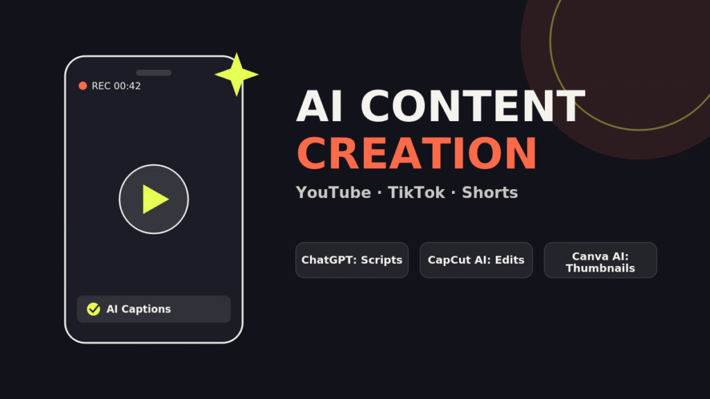 AI Content Creation section graphic showing a smartphone recording video with AI captions.