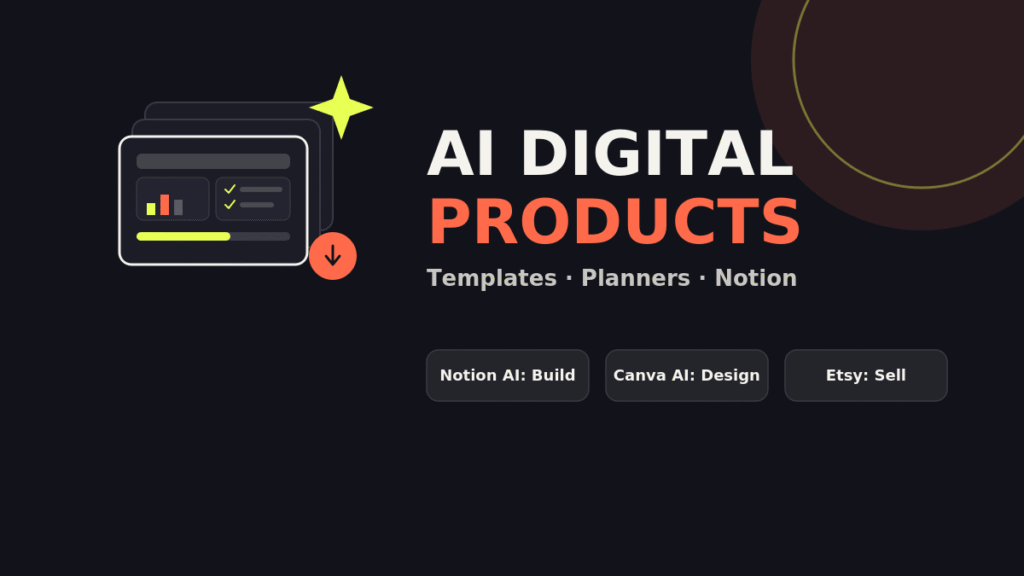 AI Digital Products section graphic featuring templates, planners, and Notion AI tools.