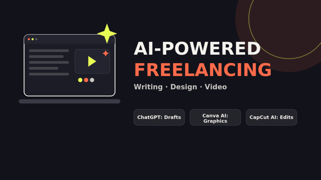 AI-Powered Freelancing graphic showing laptop mockup for writing, design, and video services.
