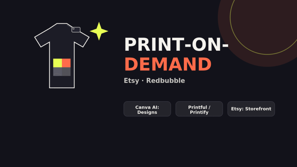 Print On Demand graphic banner displaying a t-shirt design mockup with Etsy and Redbubble branding.