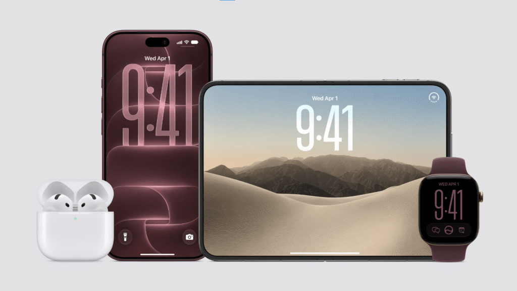 Deep burgundy iPhone 18 Pro, foldable iPhone Duo display, matching Apple Watch, and wireless AirPods grouped together