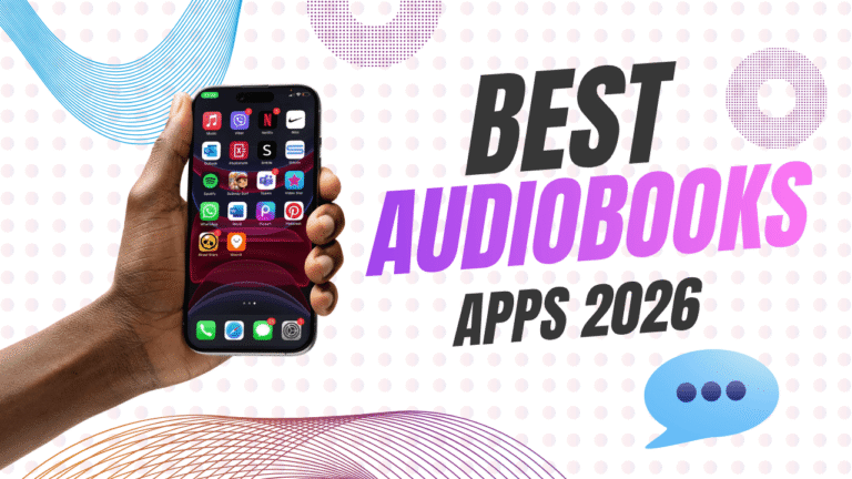 Hand holding a smartphone displaying mobile apps next to Best Audiobooks Apps 2026 text