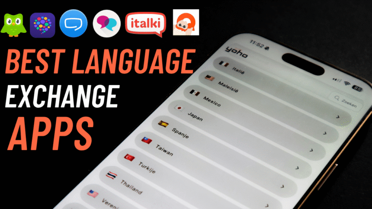 Best language exchange apps shown as app icons (Duolingo, Tandem, HelloTalk, italki) next to a phone screen selecting a language