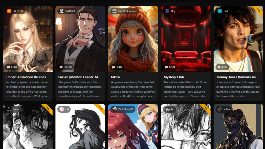 Grid of community-made chatbots on Chai AI interface for a popular character ai alternative