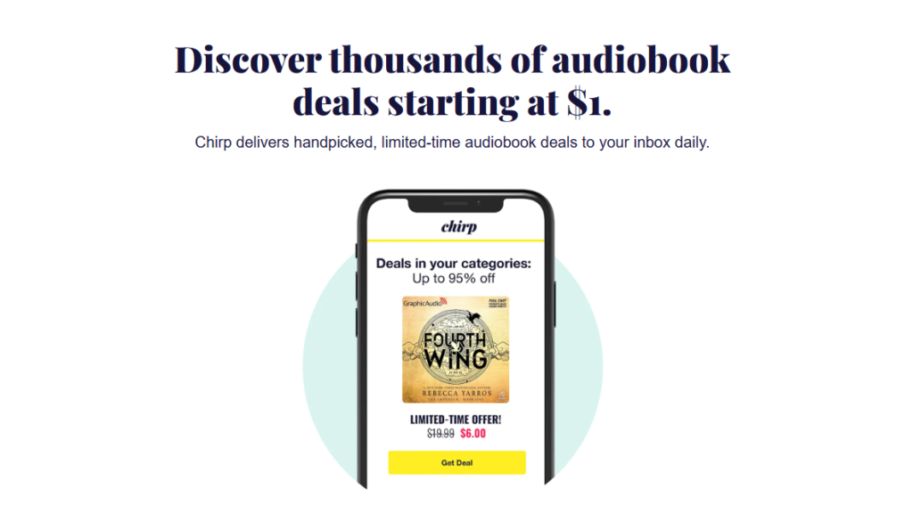 Smartphone mock-up showing Chirp audiobook deals starting at 1 dollar with up to 95 percent off