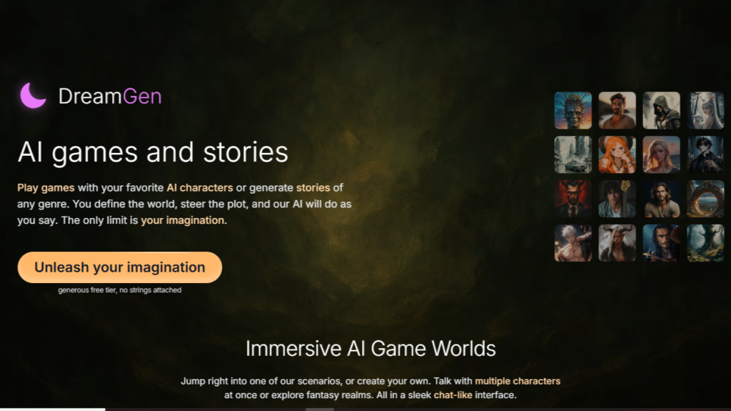 DreamGen AI games and stories landing page shown as an immersive character ai alternative