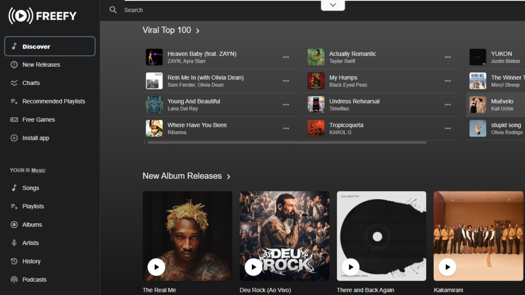 Freefy web player Discover page with Viral Top 100 songs and new album releases, a free option among unblocked music apps for mainstream hits