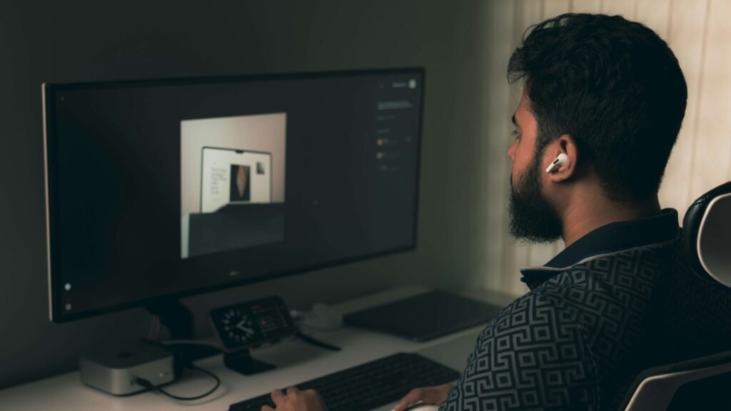 Freelancer working at a modern Mac workstation exploring ways to make money online
