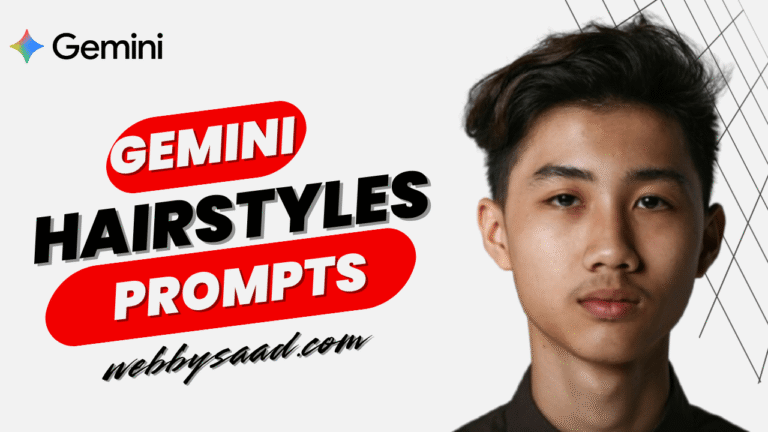 Gemini AI hairstyle prompts thumbnail — young man with a modern tousled haircut, Gemini logo, webbysaad.com