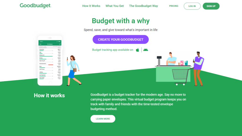 Screenshot of the Goodbudget app homepage showing virtual envelope system for the best budgeting apps for couples list