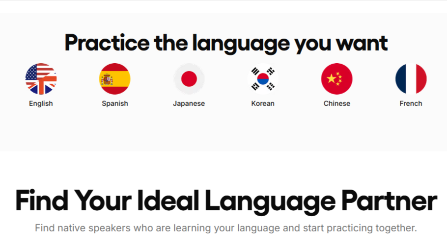 HelloTalk language exchange app screen showing language options including English, Spanish, Japanese, Korean, Chinese, and French to find a language partner