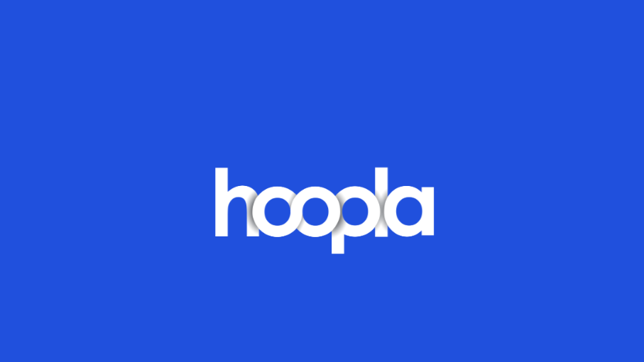 Hoopla Digital app white text logo centered on a blue background
