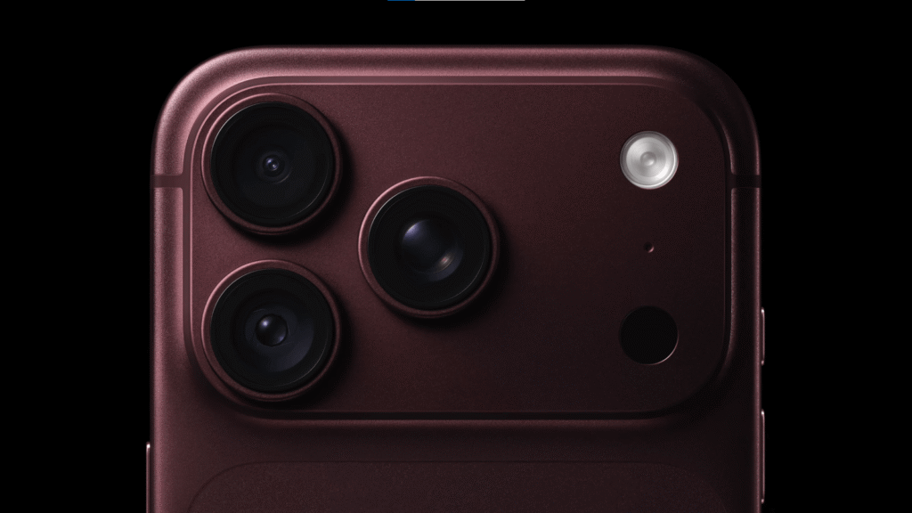 Close up of the burgundy iPhone 18 Pro camera module featuring the new triple lens system