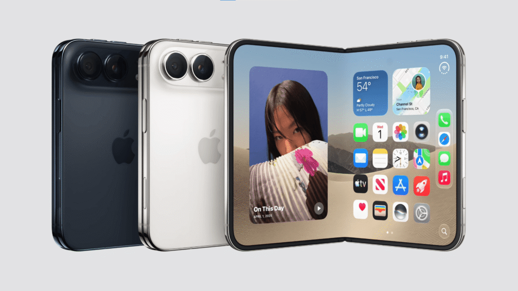 Foldable iPhone Duo shown in dark blue and white alongside its unfolded inner display