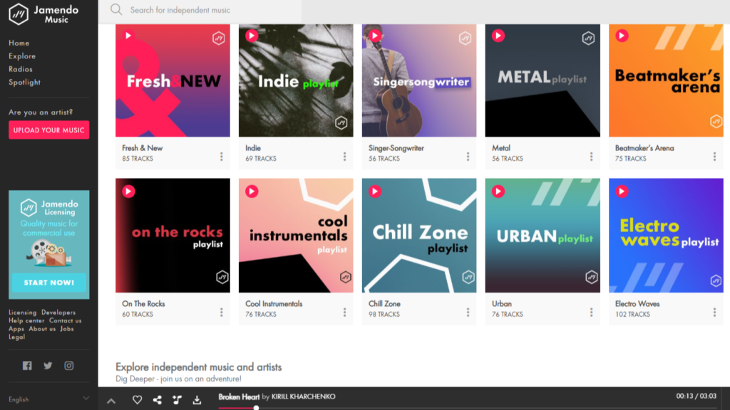 Jamendo Music web player with free playlists like Chill Zone and Cool Instrumentals, one of the best unblocked music apps
