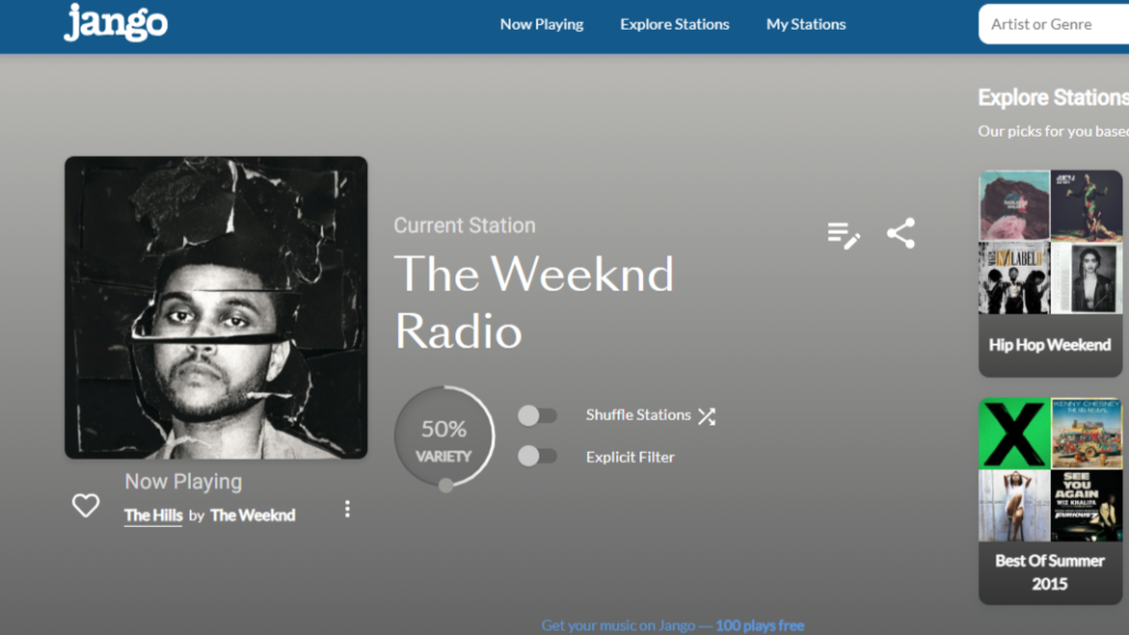 Jango Radio web player streaming The Weeknd Radio with variety slider and explicit filter, one of the unblocked music apps for mainstream hits