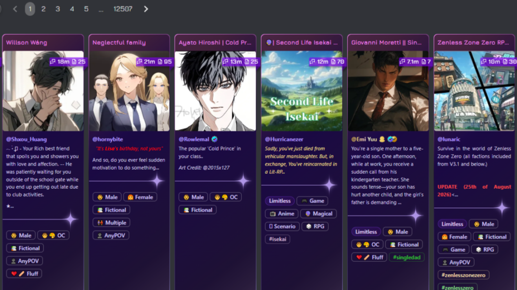 Janitor AI character card library shown as a popular character ai alternative for roleplay