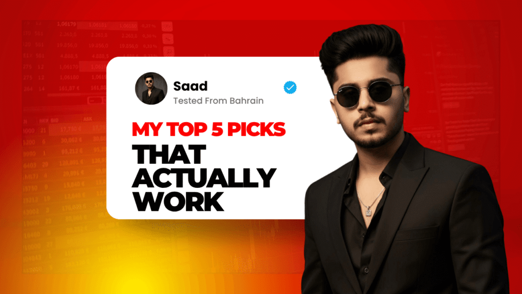 Red themed blog thumbnail showing Saad wearing sunglasses and suit next to text My Top 5 Picks That Actually Work