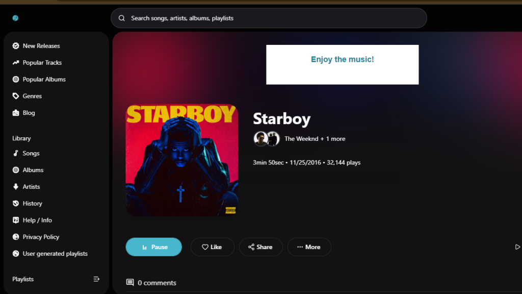 Playlistsound web player playing Starboy by The Weeknd in the browser, a no-login option among unblocked music apps for mainstream songs