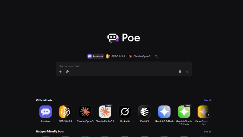 Poe by Quora web dashboard showing multiple AI models as a versatile character ai alternative