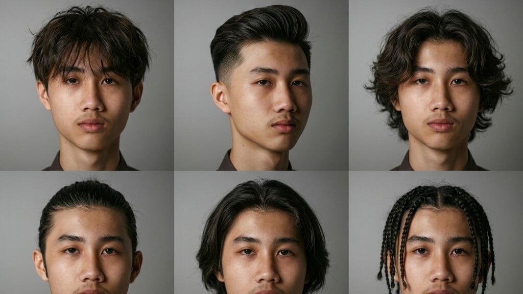 Gemini AI hairstyle results grid — six different haircuts generated on the same face, from textured fringe to slicked-back and braids