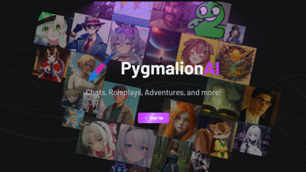 Pygmalion AI landing page showcasing community character portraits as an open-source character ai alternative