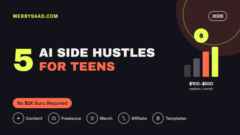 5 AI side hustles for teens banner showing realistic online earning ideas in 2026