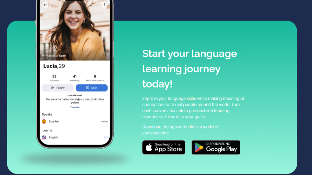 Speaky language exchange app profile screen showing a user's languages spoken and learned with chat option