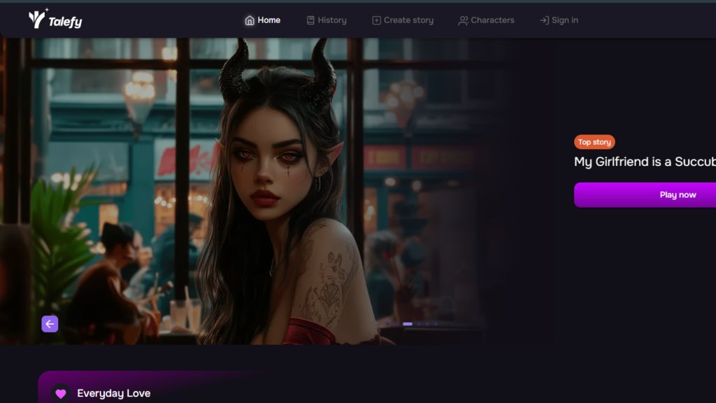 Talefy interactive storytelling interface featured as a narrative-driven character ai alternativ
