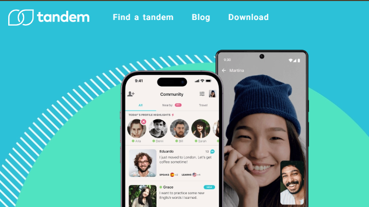 Tandem language exchange app homepage showing the community feed and video call feature for finding language partners