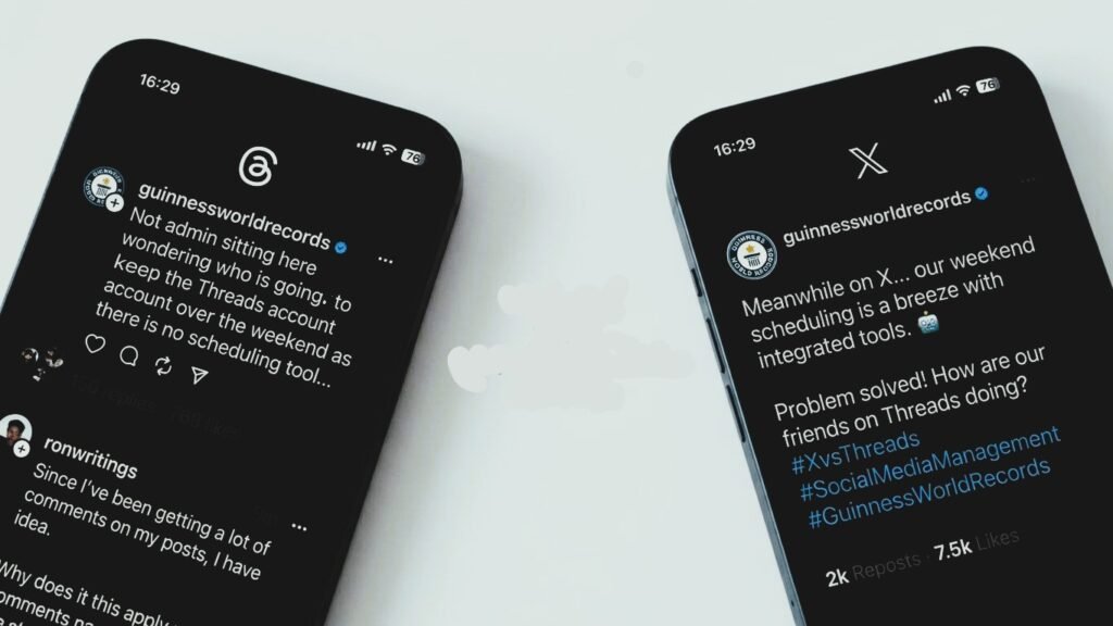 Side-by-side threads app vs twitter comparison showing app feeds on two smartphones.