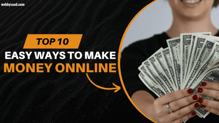Person holding a fan of dollar bills with text highlighting top 10 easy ways to make money online