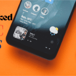 Unblocked music apps feature image showing a smartphone music player and black earphones on an orange background
