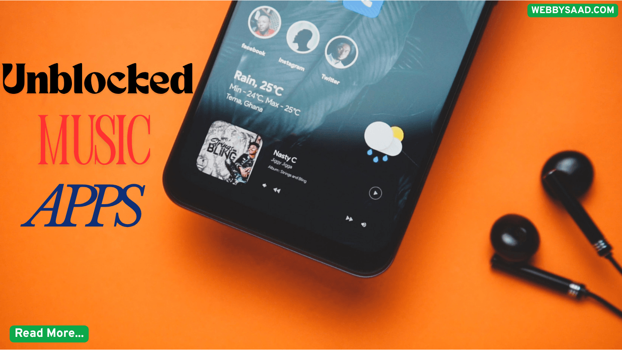 Unblocked music apps feature image showing a smartphone music player and black earphones on an orange background