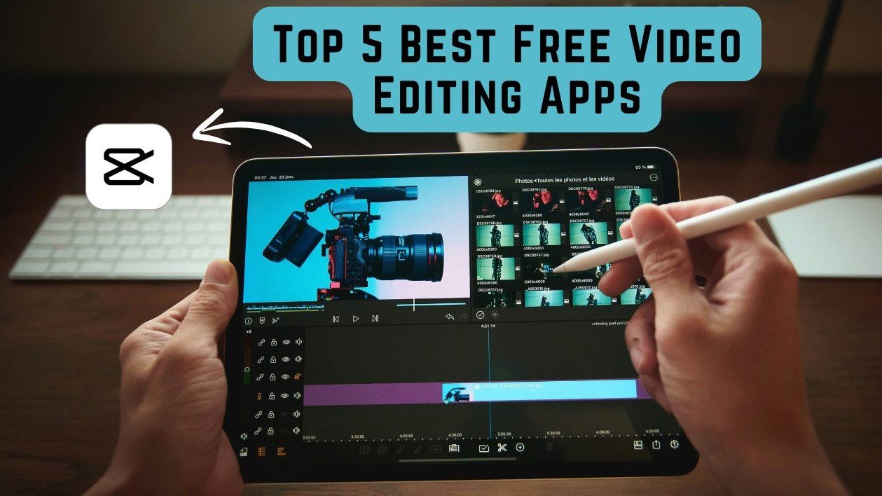 Best free video editing apps featured image showing a video being edited on a tablet with a stylus, next to the CapCut logo