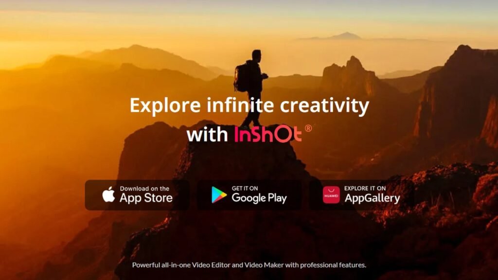 InShot website homepage with App Store and Google Play download buttons, a free video editing app for Instagram and Pinterest